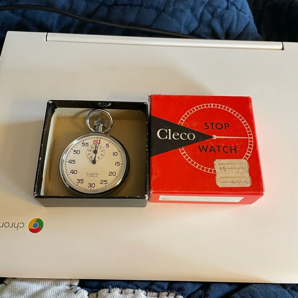 VTG Cleco Silver Stopwatch by Clebar Watch Co New York in original box.